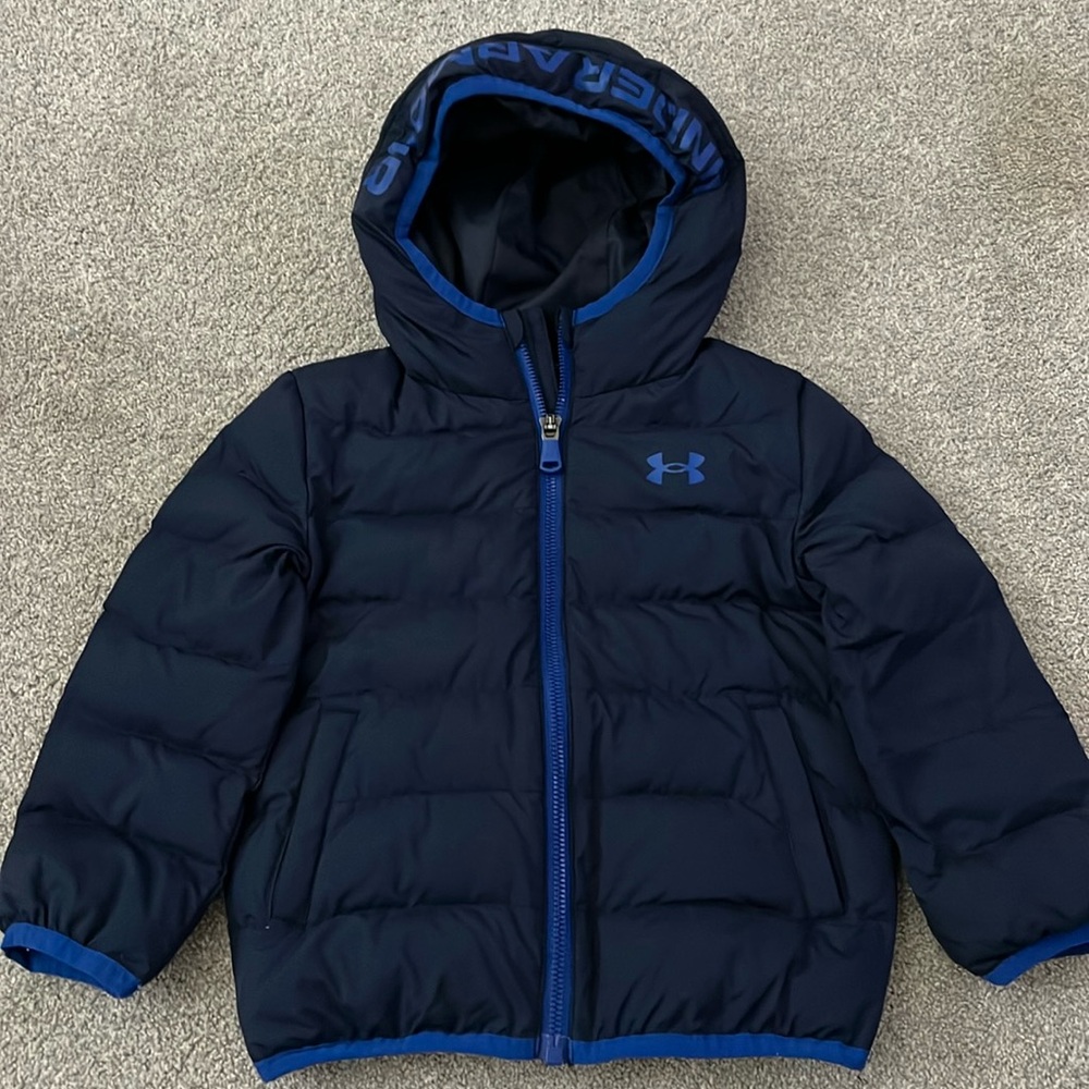 Toddler boy under armour puffer coat. Excellent condition. Size 2T. Navy blue.